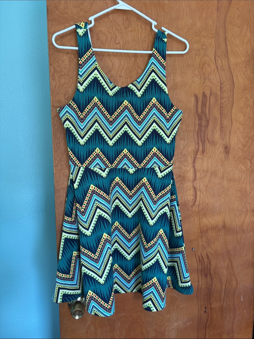 Print Mini Dress in Green, Teal, Yellow, Black